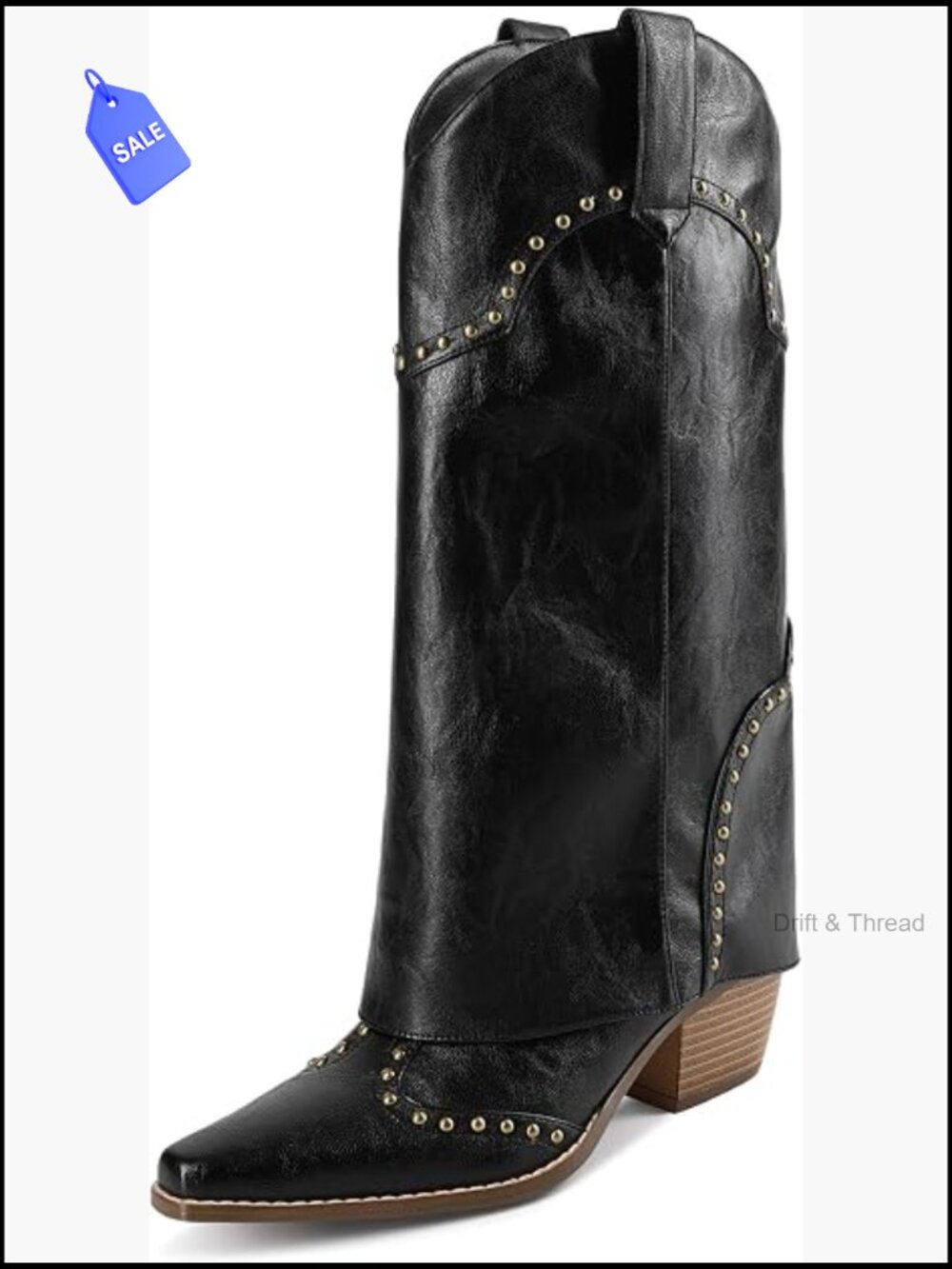 Fold Over Knee High Shark Boots Chunky Heel Pointed Toe Dress Boots